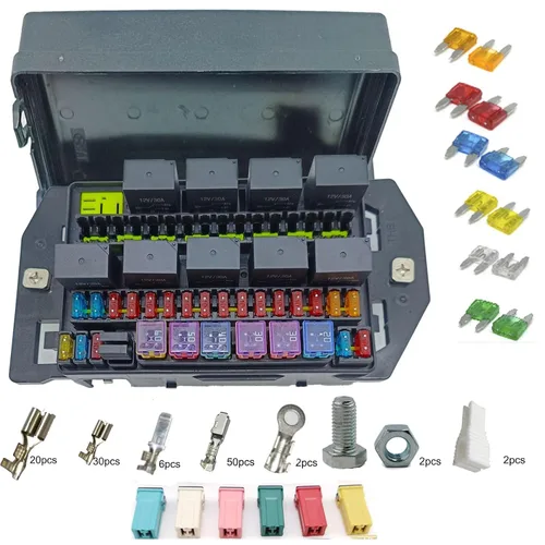 Vista 2 de Bloque de Fusibles de Relé 12V24V con 10 Paquetes de Relés de 5 Pines 30A, Ranuras para 40 Fusibles ATC/ATO, Sistema de Caja Controladora de Relé