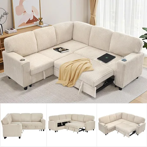 Vista 10 de Sofá modular de 81 pulgadas, sofá cama de 5 plazas en forma de L con cama extraíble, almacenamiento oculto, portavasos y puertos de carga USB, sofás