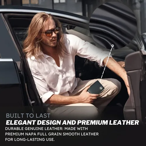 Vista 3 de Billetera AirTag para hombre Cartera plegable de piel auténtica RFID con soporte para AirTag, diseño grande y delgado, hasta 4-8 tarjetas y ventana