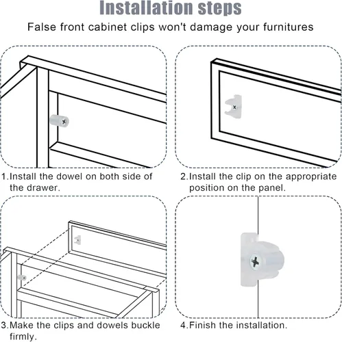 Vista 4 de Paquete de 10 clips falsos para gabinete delantero, con tornillos acrílicos falsos clips de cajón de gabinete para frentes de cocina, cajones