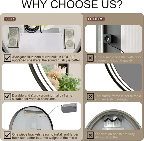 Vista 2 de Espejo de baño LED redondo Bluetooth dual de 20 pulgadas con antivaho Black Frame Circle Vanity Mirror with Lights, 3000K/4500K/6000K, Adjustable