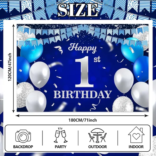 Vista 2 de Bandera de feliz primer cumpleaños con fondo azul marino, globos, confeti, bandera de rayas, luces de puntos, felicitaciones por el tema de 1 año