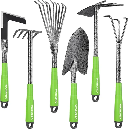 Vista 10 de WORKPRO Juego de herramientas de jardín rosa de 6 piezas, herramientas manuales de jardinería resistentes con mango de goma suave, incluyendo