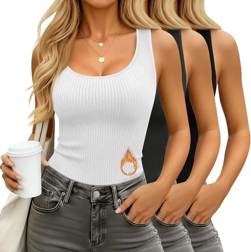 Vista 9 de Paquete de 3 camisetas térmicas sin mangas acanaladas para mujer, de forro polar de algodón, cuello redondo, ajustadas, capa base de camisola