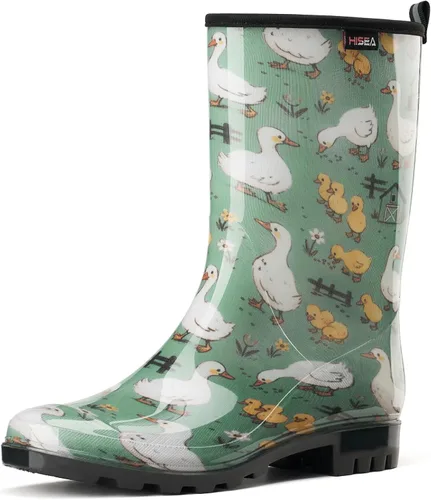 Vista 5 de HISEA - Botas de lluvia para mujer, impermeables, a media pantorrilla, botas de jardín para mujer Abeja azul