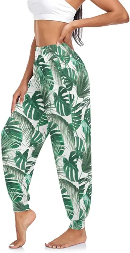 Vista 5 de Flamingos - Pantalones de flores tropicales para mujer, pantalones deportivos de cintura alta, pantalones de harén para mujer, cómodos pantalones