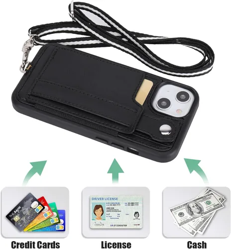 Vista 7 de TOOVREN Funda para teléfono compatible con iPhone 14 Plus, compatible con iPhone 14 Plus, funda con correa para tarjetero, cordón de cuero para Negro