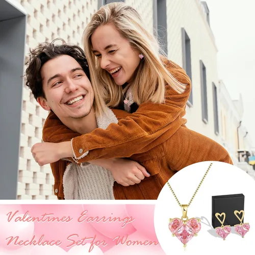 Vista 4 de Dcfywl731 Juego de aretes de San Valentín, collar de corazón rosa, aretes para mujer, juego de joyas de corazón con diamantes de imitación, regalo