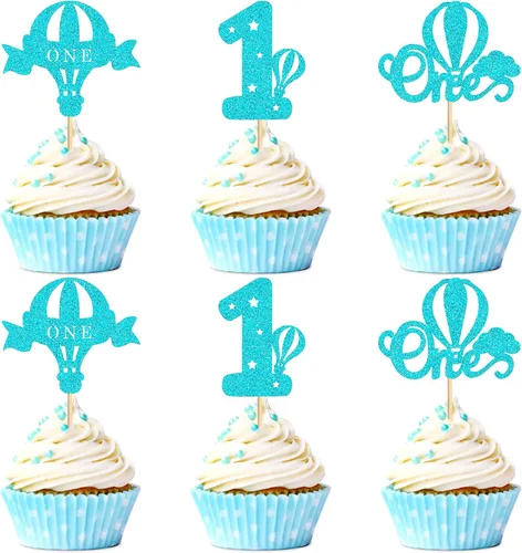 Vista 13 de Ercadio Paquete de 24 globos de aire caliente, decoración de cupcakes, globos con purpurina azul, para decoración de globos de aire caliente