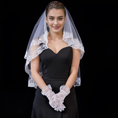 Vista 2 de jiebor Velo de encaje blanco velo de novia velo de novia velo de Halloween con guantes para mujeres y niñas, novias, bodas, despedidas de soltera