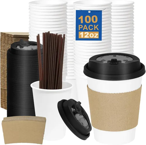 Vista 70 de Paquete de 100 tazas de café desechables de 8 onzas, tazas de papel desechables de color marrón a granel, tazas de café para té caliente, chocolate