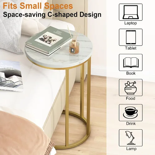 Vista 8 de Function Home Mesa auxiliar de mesa C, mesa auxiliar de sofá en forma de C de mármol, mesas de sofá que se deslizan por debajo, mesa decorativa
