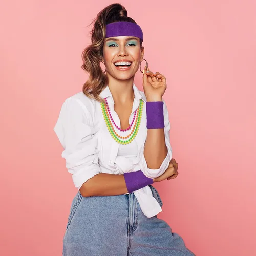 Vista 4 de 80s Costume Accessories for Women Set Earrings Fishnet Gloves Necklace Knit Slouchy Scrunch Socks for Women