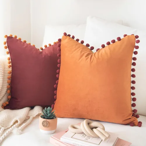 Vista 16 de MONDAY MOOSE - Juego de 2 fundas de cojín decorativas de terciopelo suave con pompones de doble cara, diseños para combinar y mezclar