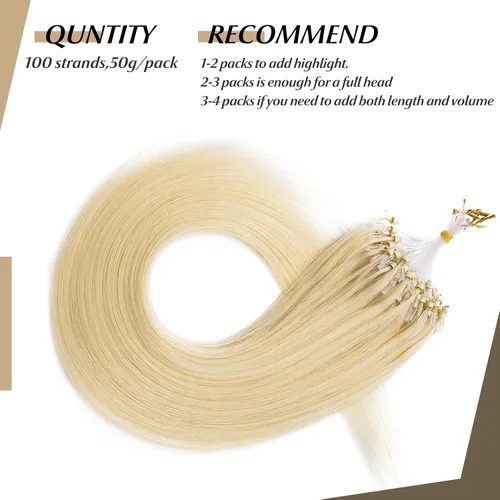 Vista 200 de SEGO Extensiones de cabello humano con micro cuentas, extensiones de cabello humano con micro bucle, lacio, natural, fusión fría, 1.76 oz/paquete