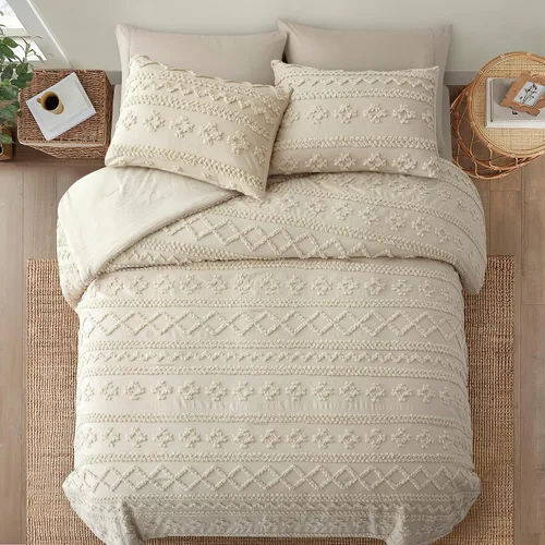 Vista 5 de Oli Anderson Juego de Edredón Beige Queen Acolchado Juego de Ropa de Cama Queen 3 Piezas, Edredón Boho Shabby Chic con 2 Fundas de Almohada