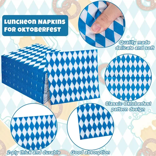 Vista 3 de Whaline Paquete de 80 servilletas de almuerzo Oktoberfest a cuadros azules y blancos, servilletas de papel desechables decorativas para postre