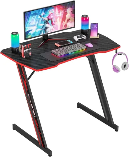 Vista 14 de PayLessHere Mesa de Juegos de 35" Azul Escritorio de Computadora en Forma de Z con Marco de Acero, Gancho para Auriculares, Pies Ajustables