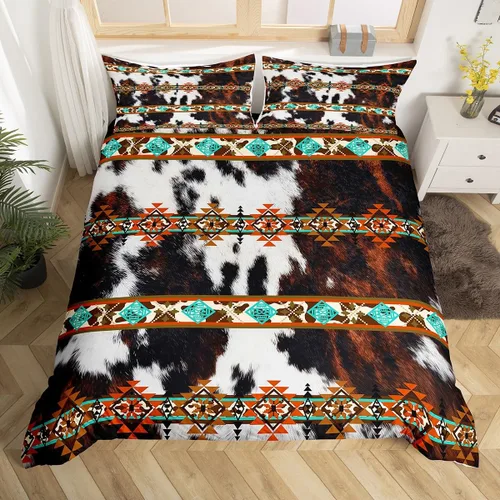 Vista 34 de Erosebridal Funda de edredón de piel de vaca marrón con estampado de vaca de las tierras altas, juego de ropa de cama occidental exótico azteca
