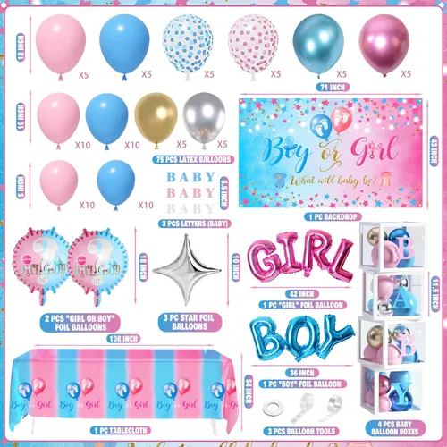 Vista 2 de Juego de 92 piezas de decoración de revelación de género y caja de bebé con letras para niño o niña, suministros para fiestas de revelación
