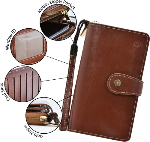 Vista 4 de Cartera de pulsera para mujer, gran capacidad con correa para la muñeca, piel auténtica, embrague triple RFID, bolso de mano marrón, Marrón