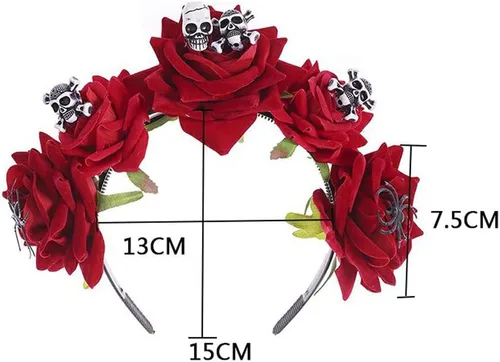 Vista 2 de ITODA Diadema de calavera de flores rojas, araña, Halloween, gótico, mexicano, día de muerto, tiara, cosplay, disfraz, guirnalda, fiesta, corona