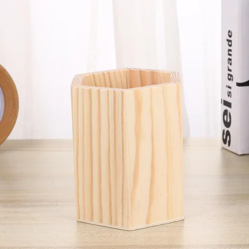 Vista 8 de Contenedor de almacenamiento de madera para bolígrafos y cepillos, organizador de tubo hexagonal, maceta sólida para oficina en casa para pintura