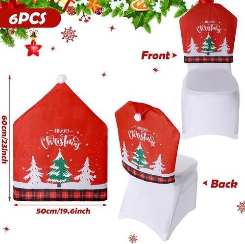 Vista 2 de 6 fundas para sillas de Navidad, con sombrero de Papá Noel, color rojo, fundas para el respaldo de las sillas, decoración para el hogar, cena