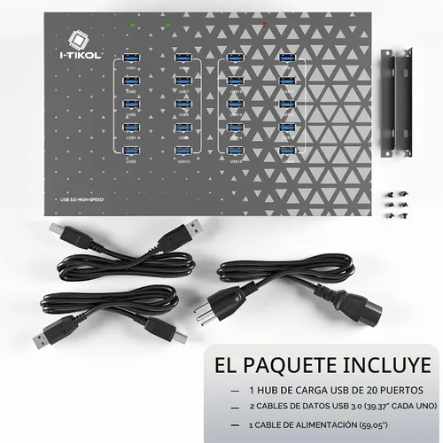 Vista 9 de Hub USB 3.0 de 20 puertos – Sincronización de 5 Gbps y transferencia de datos de alta velocidad, concentrador USB con fuente de alimentación