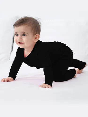 Vista 5 de GUISBY Rayon - Mameluco de manga larga para bebé, sin pies, cremallera de 2 vías con volantes, para dormir de 0 a 24 meses Negro
