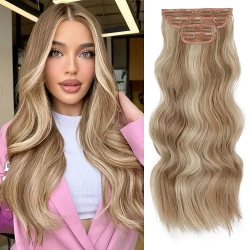 Vista 40 de Extensiones de cabello con clip de Vigorous de 20 pulgadas, con reflejos rubio playa, extensiones de cabello ondulado largo y suave de cabello