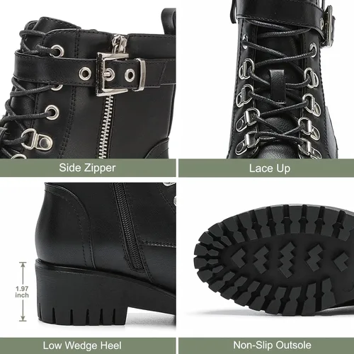 Vista 5 de CentroPoint Botines de cuña de moda para mujer, con cremallera lateral, con cordones, zapatos de plataforma de punta redonda