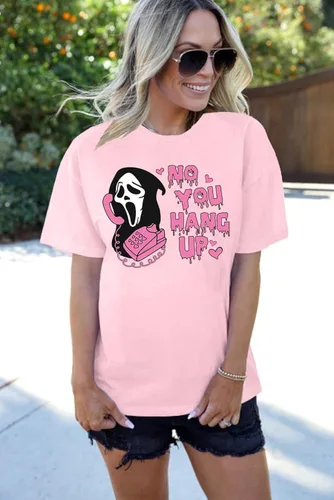 Vista 3 de Camiseta de Halloween para mujer, con texto en inglés "No You Hang Up", divertida camiseta gráfica de cara de fantasma, camisetas de manga corta
