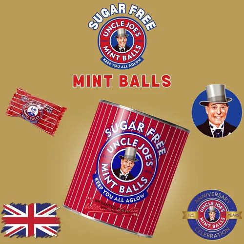 Vista 3 de Uncle Joe's - Bolas de menta sin azúcar, lata de 4.23 oz (4.23 onzas), caramelo duro británico vegano con aceite de menta, mentas envueltas