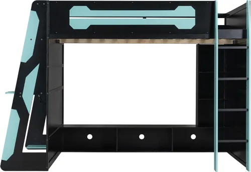 Vista 7 de Cama loft para juegos, cama alta de madera tamaño matrimonial con escritorio, estantes de almacenamiento múltiple y LED, azul nube