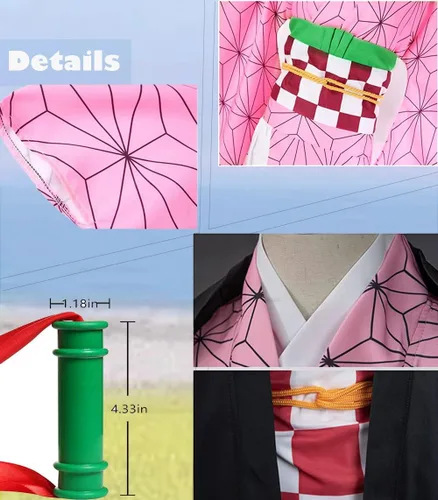 Vista 3 de Kamado Nezuko - Disfraz de cosplay de Nezuko, conjunto de kimono con peluca y traje de bambú para Halloween