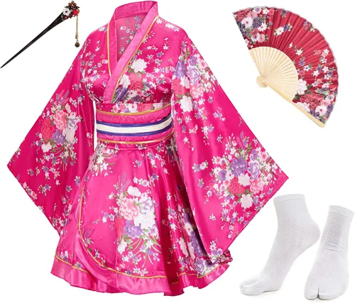 Vista 10 de Elibelle - Kimono de baile de anime japonés para mujer, bata, vestido elegante, abanicos de seda plegables de mano, juego de calcetines con tabi