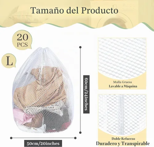 Vista 2 de 20 bolsas de malla para lavandería a granel con cordón de 20 x 24 pulgadas, bolsa de malla blanca resistente lavable a máquina, resistente bolsa