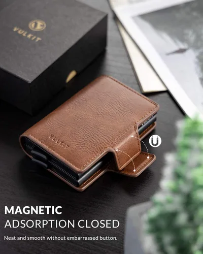 Vista 5 de VULKIT Tarjetero de cuero con bloqueo RFID, billetera desplegable automática con bloqueo RFID, cartera magnética para tarjetas doble para hombres