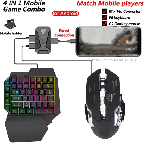 Vista 2 de Combo de teclado RGB para juegos con una sola mano, mouse y convertidor combinado, teclado retroiluminado LED de 39 teclas, juego de mouse