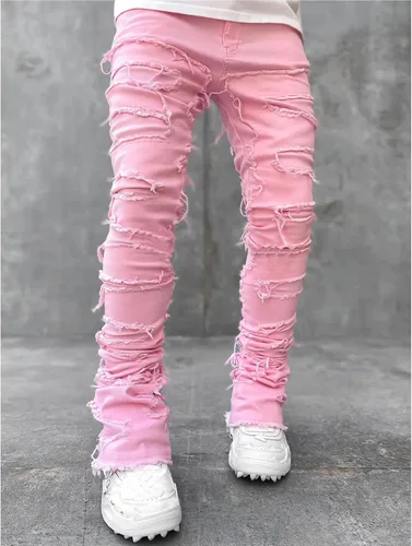 Vista 3 de Jeans apilados para hombre, ajustados, rasgados, elásticos, desgastados, rectos, pantalones de mezclilla estilo hip hop, ropa de calle