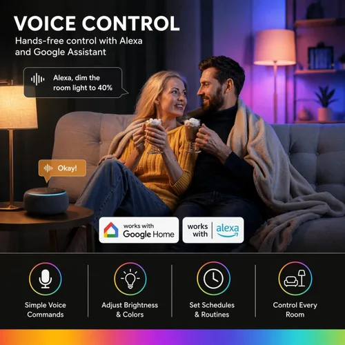 Vista 4 de Paquete de 2 bombillas inteligentes, LED A19 que cambian de color (800 lúmenes), WiFi y Bluetooth, sincronización de música, compatible con Alexa