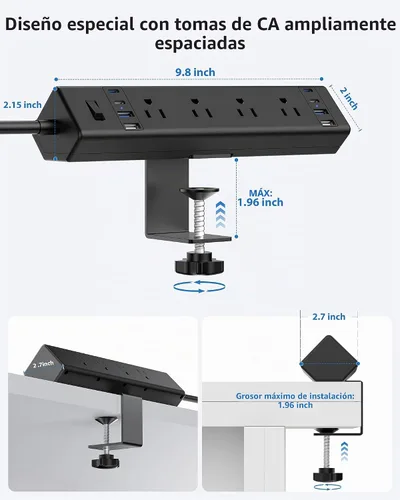 Vista 5 de Estación de carga rápida de 40 W, regleta de alimentación con abrazadera de escritorio 20 W USB C, 8 tomacorrientes, 8 puertos USB, 4 USB C y 4 USB