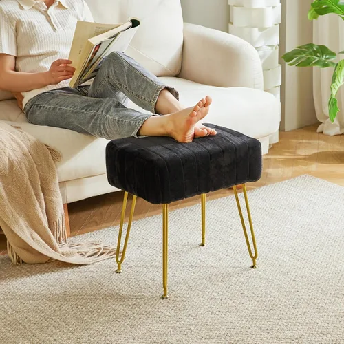 Vista 4 de IBUYKE Reposapiés de terciopelo rectangular, otomano, silla de tocador de maquillaje, mesa auxiliar, asiento de mesa de tocador, puf para sofá, Negro