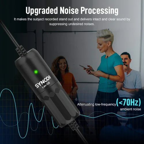 Vista 3 de SYNCO Micrófono Lavalier para DSLR, Lav S8 Micrófono de solapa para iPhone Cámara PC Android Reducción de ruido Auto-Emparejamiento Omnidireccional