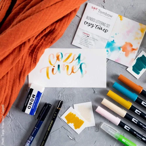 Vista 3 de Tombow El juego de letras mezcladas incluye 5 bolígrafos ABT, 1 lápiz mono, 1 borrador mono, 1 fudenosuke, 1 cepillo de agua, paleta de mezcla