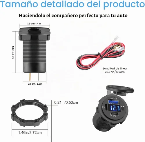 Vista 5 de Toma de corriente USB de 12 V, enchufe de cargador de coche USB C dual y puerto de carga rápida 3.0 con voltímetro e interruptor de alimentación