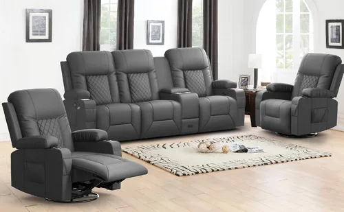 Vista 11 de YONISEE - Juego de sofá reclinable moderno - Sofá de 3 asientos y 1 silla reclinable giratoria con calor y masaje para sala de estar (3+1)