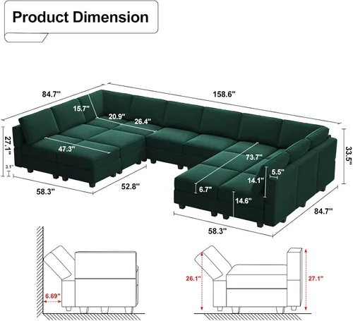 Vista 2 de Belffin Sofá modular modular de gran tamaño con tumbonas dobles en forma de U, sofá seccional reversible con almacenamiento de terciopelo verde