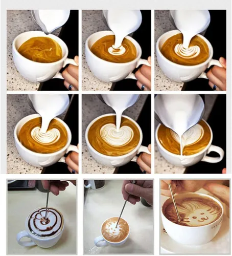 Vista 6 de Coffee Art Tool Kit de herramientas de 12 onzas (11.8 fl oz) de acero inoxidable para café expreso, jarra de espuma de leche con marcas de medición